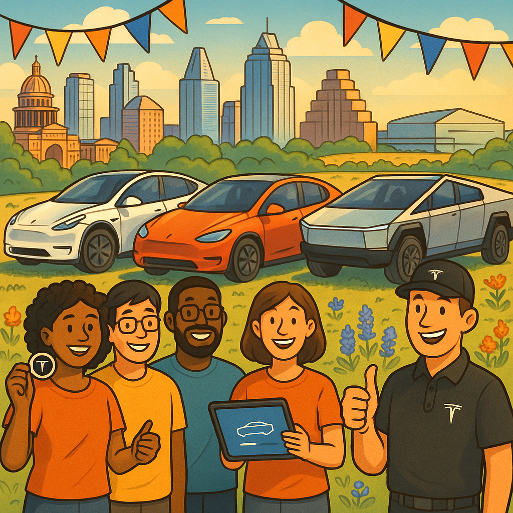 Cartoon illustration of diverse Tesla owners in Austin Texas gathering around Model Ys, Model 3s, and Cybertrucks while celebrating a quick software-based recall fix with Gigafactory Texas visible in the background