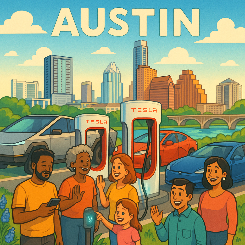 Cartoon illustration of diverse Tesla owners charging their Model Y, Model 3, and Cybertruck at a futuristic Supercharger station with the Austin Texas skyline in the background