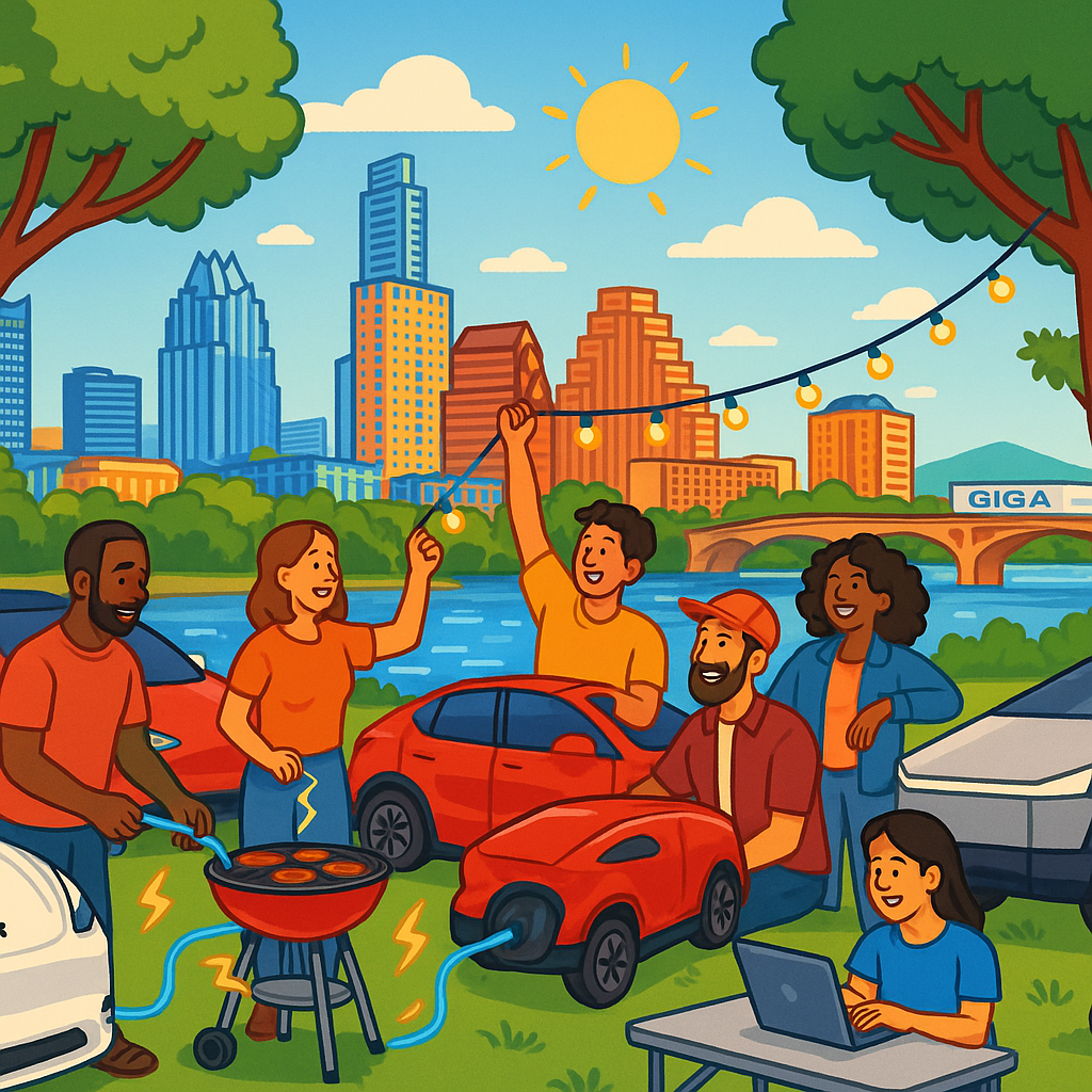 Cartoon illustration of diverse Tesla Model Y owners using a V2L outlet adapter to power outdoor devices near the Austin Texas skyline