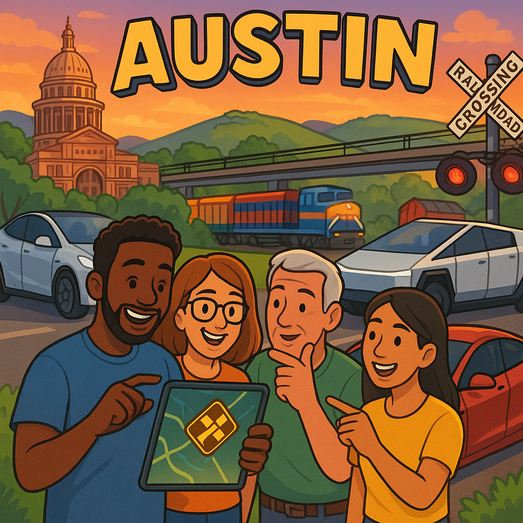 Cartoon illustration of diverse Tesla owners in Austin Texas discussing a railroad crossing safety alert on a tablet near their Model Y, Model 3, and Cybertruck vehicles