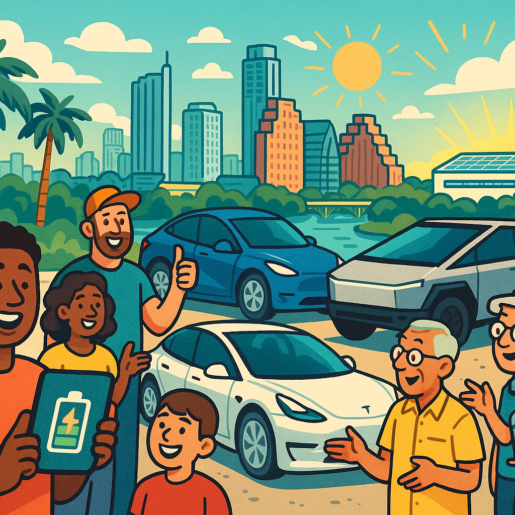 Cartoon illustration of diverse Tesla owners celebrating a Model 3 range boost near the Austin Texas skyline with a Gigafactory visible in the background