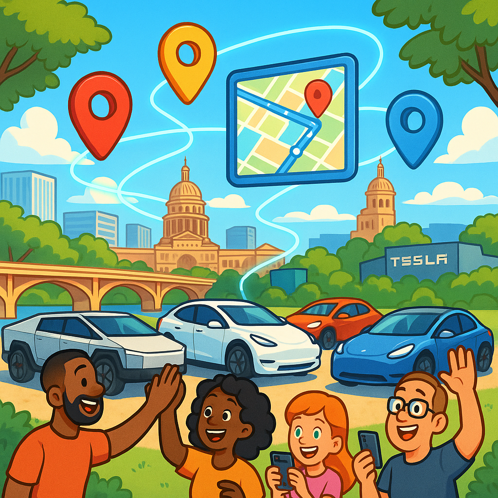 Cartoon illustration of diverse Tesla owners in Austin Texas gathered around Model Ys, Model 3s, and Cybertrucks with glowing navigation route graphics floating in the air and the Texas State Capitol in the background