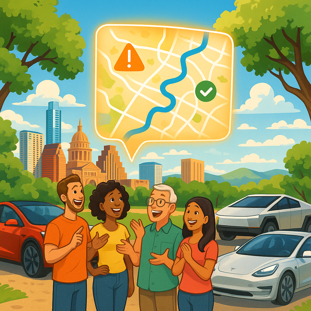 Cartoon illustration of diverse Tesla owners in Austin Texas gathered around a glowing holographic navigation map near their Model Y, Model 3, and Cybertruck vehicles with the Austin skyline in the background