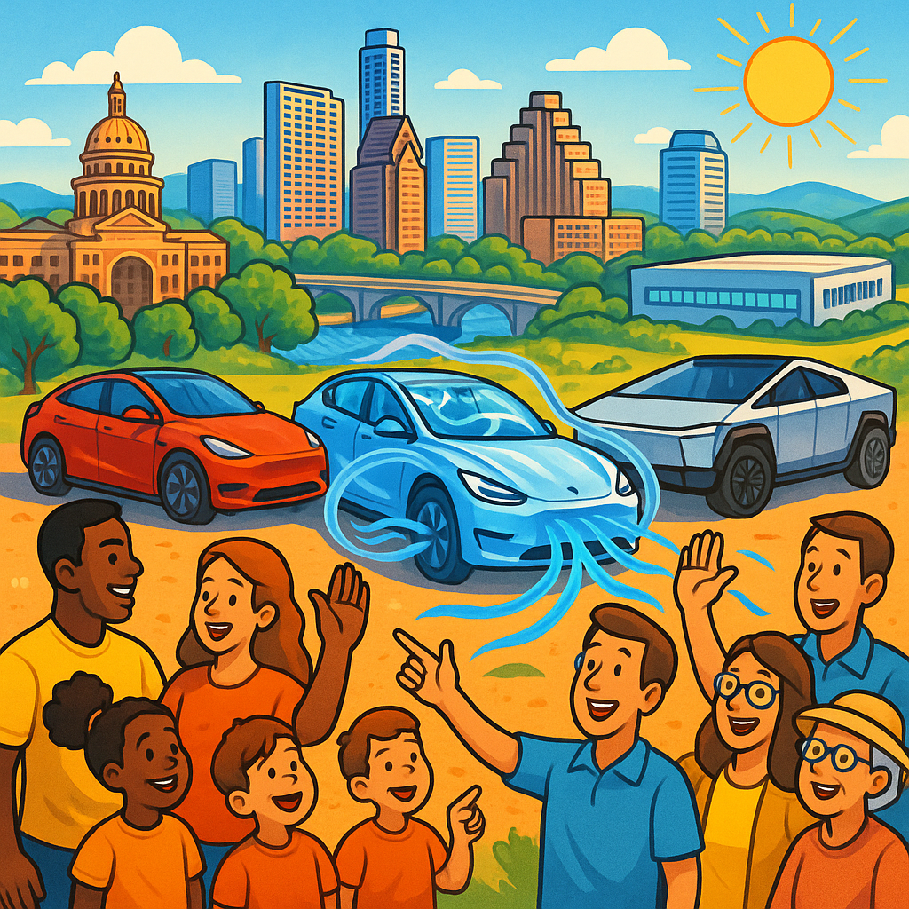 Cartoon illustration of diverse Tesla owners celebrating the Model Y L around Austin Texas landmarks with cool air flowing from Tesla vehicles on a sunny day