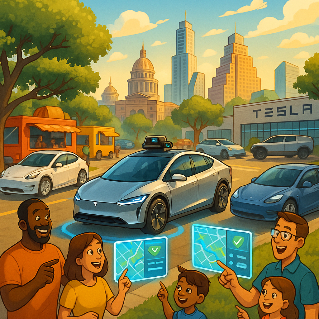 Cartoon illustration of a Tesla Cybercab robotaxi driving autonomously through a sunny Austin Texas streetscape while diverse Tesla owners view holographic map interfaces nearby