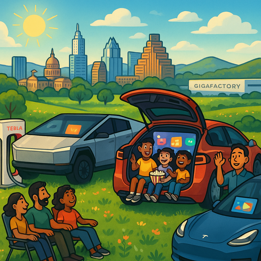 Cartoon illustration of diverse Tesla owners in Austin Texas enjoying expanded streaming entertainment on their Tesla center screens near the Gigafactory Texas