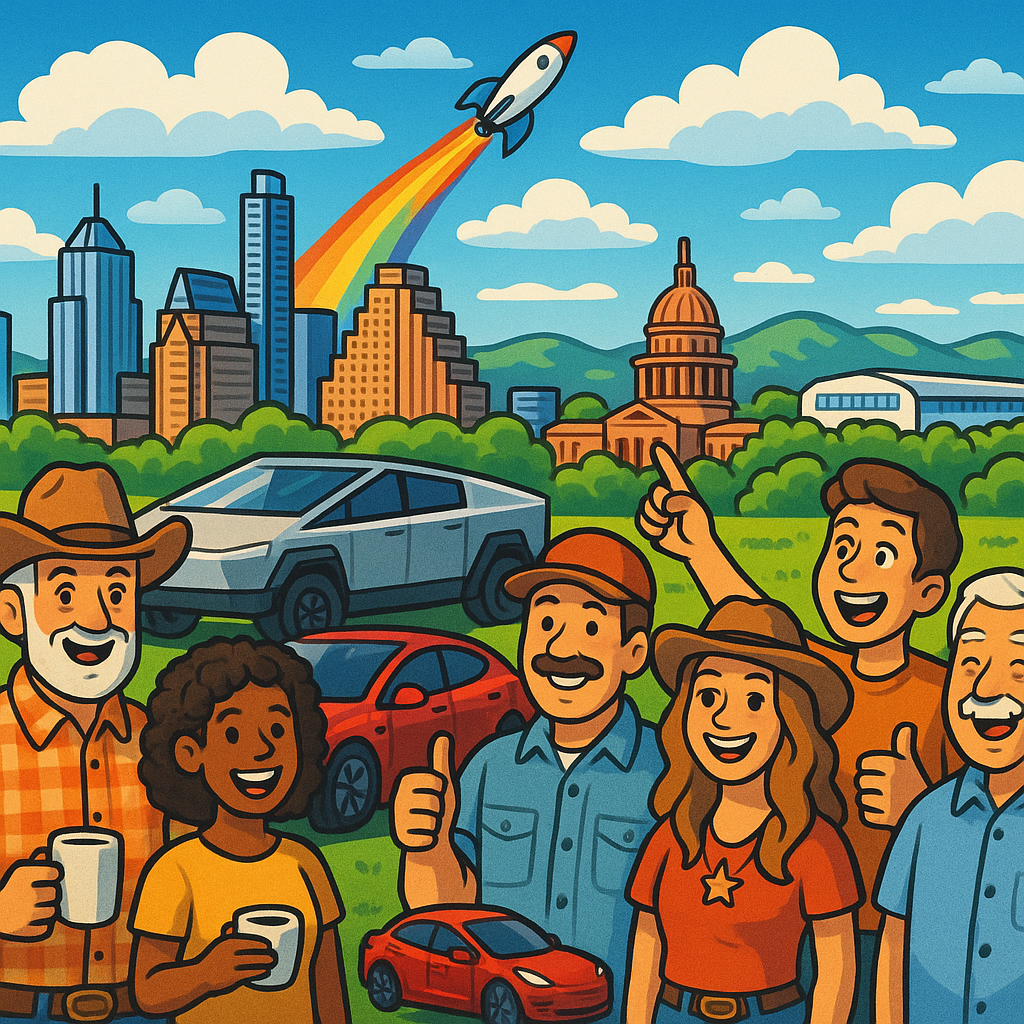 Cartoon illustration of diverse Tesla owners celebrating in front of the Austin Texas skyline with a Cybertruck, Model Y, and Model 3 parked nearby while a rocket soars overhead