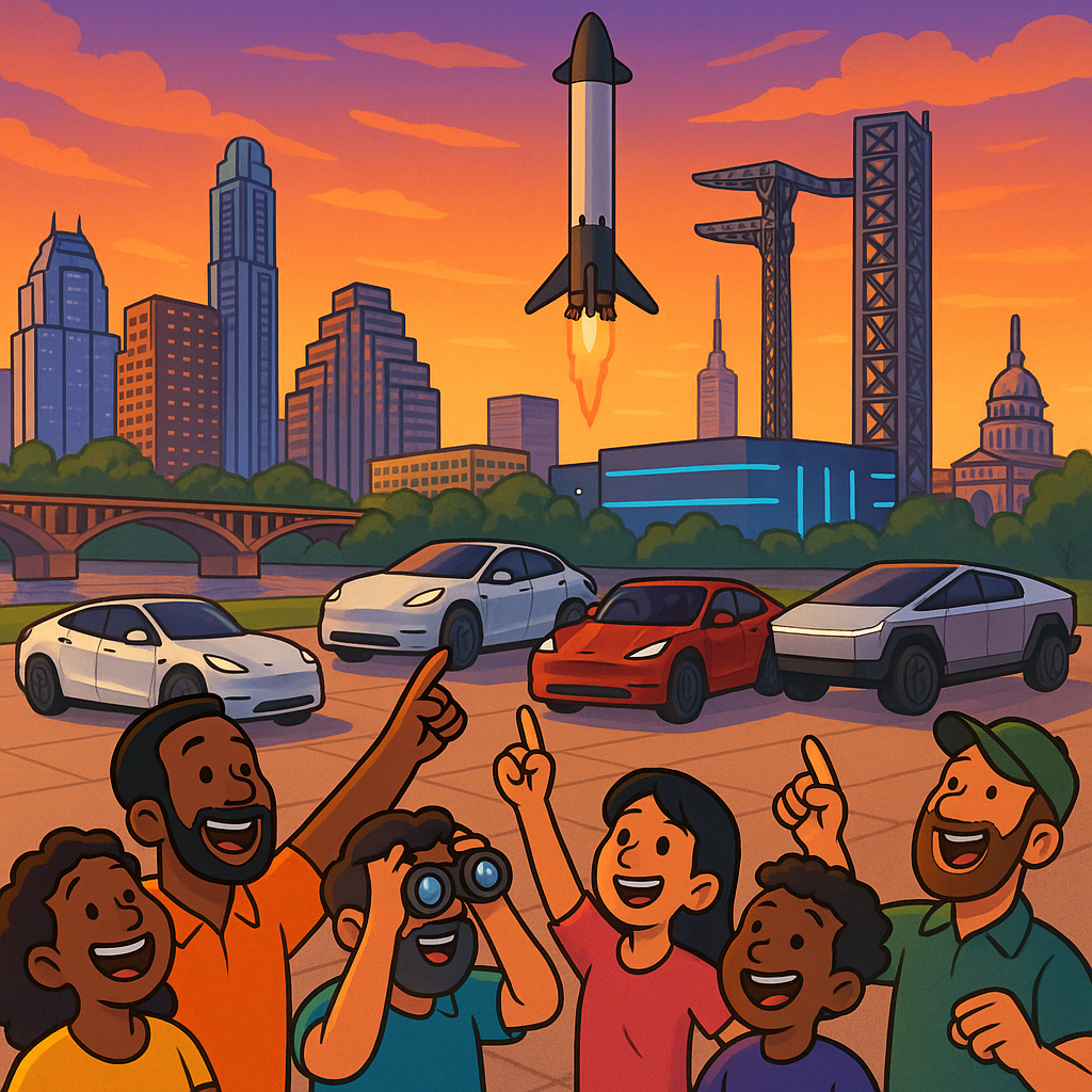 Cartoon illustration of diverse Austin Tesla owners watching a stylized Starship upper stage descend toward giant mechanical tower arms, with the Texas Capitol and Gigafactory in the background and Model Ys, Model 3s, and Cybertrucks in the foreground