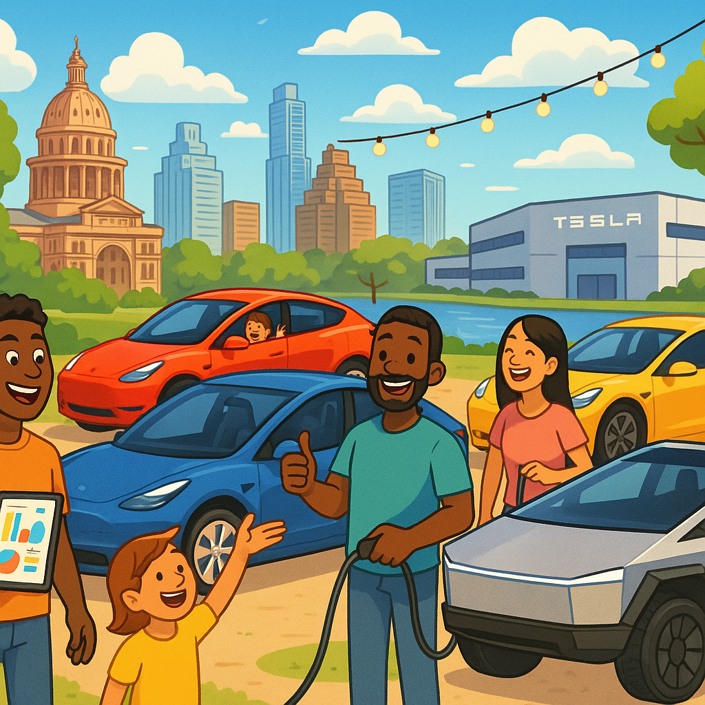 Cartoon illustration of diverse Tesla owners with Model Y, Model 3, and Cybertruck vehicles gathered near Austin landmarks including the Texas State Capitol and Gigafactory Texas