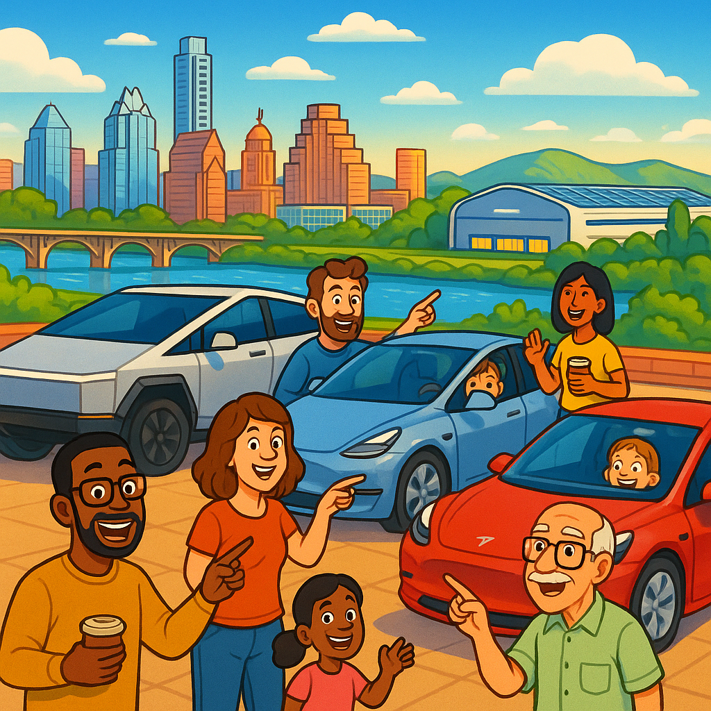 Cartoon illustration of diverse Tesla owners with Cybertrucks, Model Ys, and Model 3s gathered in front of the Austin skyline near a futuristic Gigafactory building