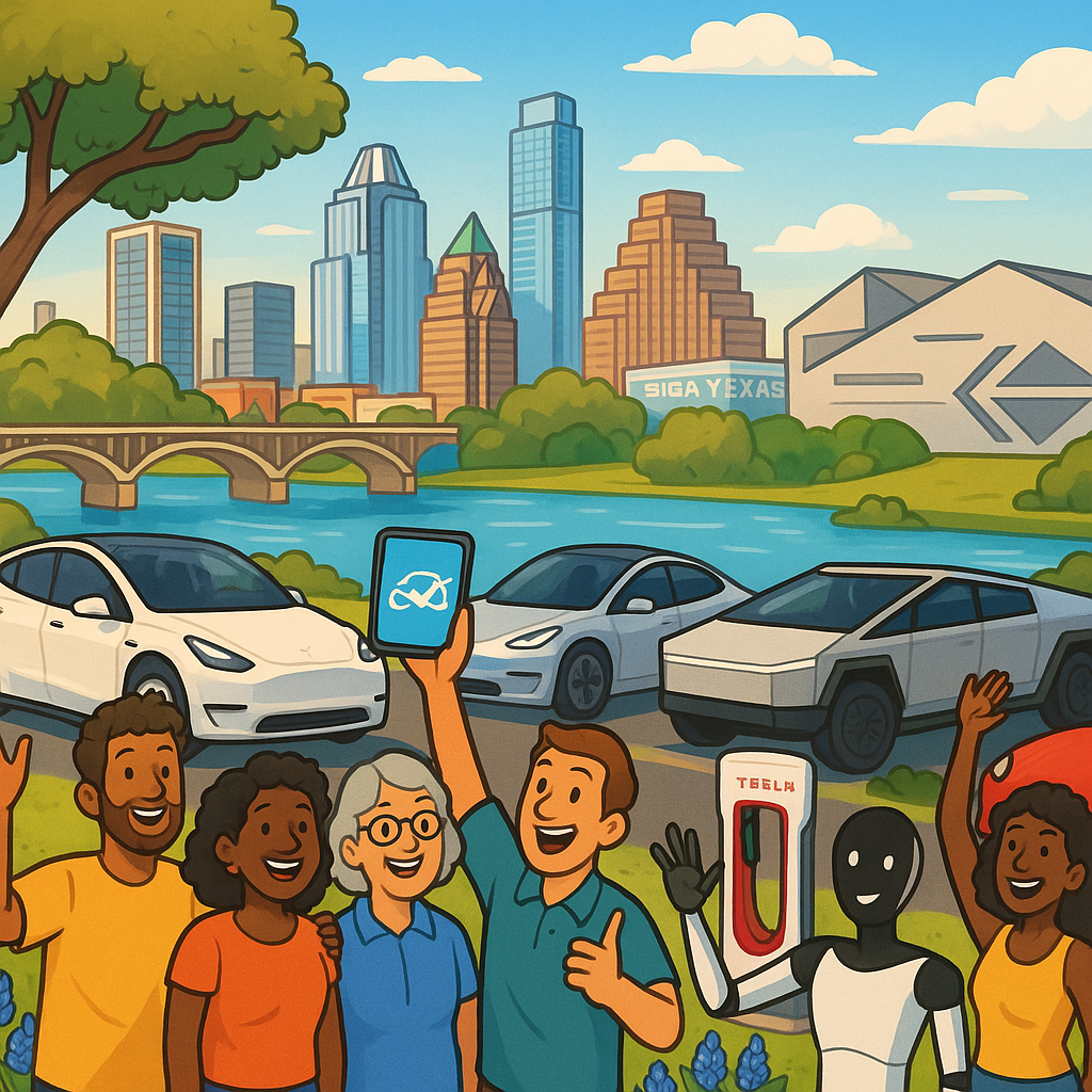Diverse Tesla owners gathered around Model Y, Model 3, and Cybertruck vehicles near Austin Texas landmarks in a bright cartoon illustration