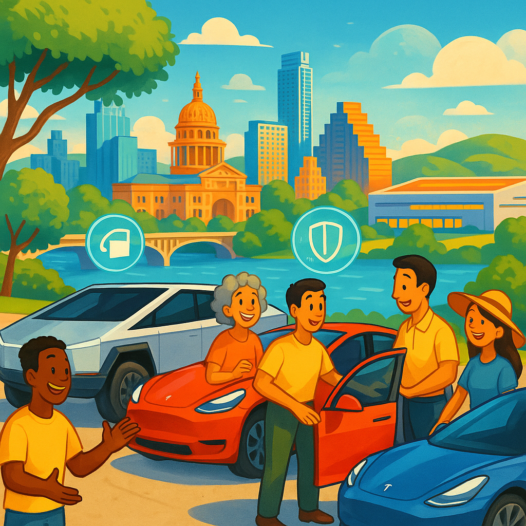Cartoon illustration of diverse Tesla owners gathered around a Cybertruck, Model Y, and Model 3 in front of the Austin Texas skyline with Gigafactory Texas visible in the background