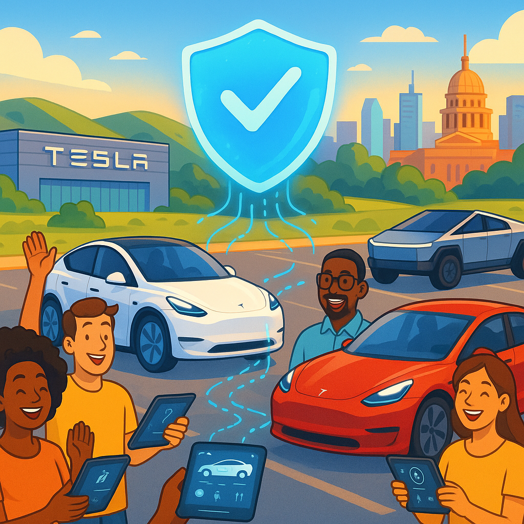 Cartoon illustration of diverse Tesla owners gathered near Model 3, Model Y, and Cybertruck vehicles in front of a stylized Gigafactory Texas with the Austin skyline in the background and a glowing holographic safety shield overhead