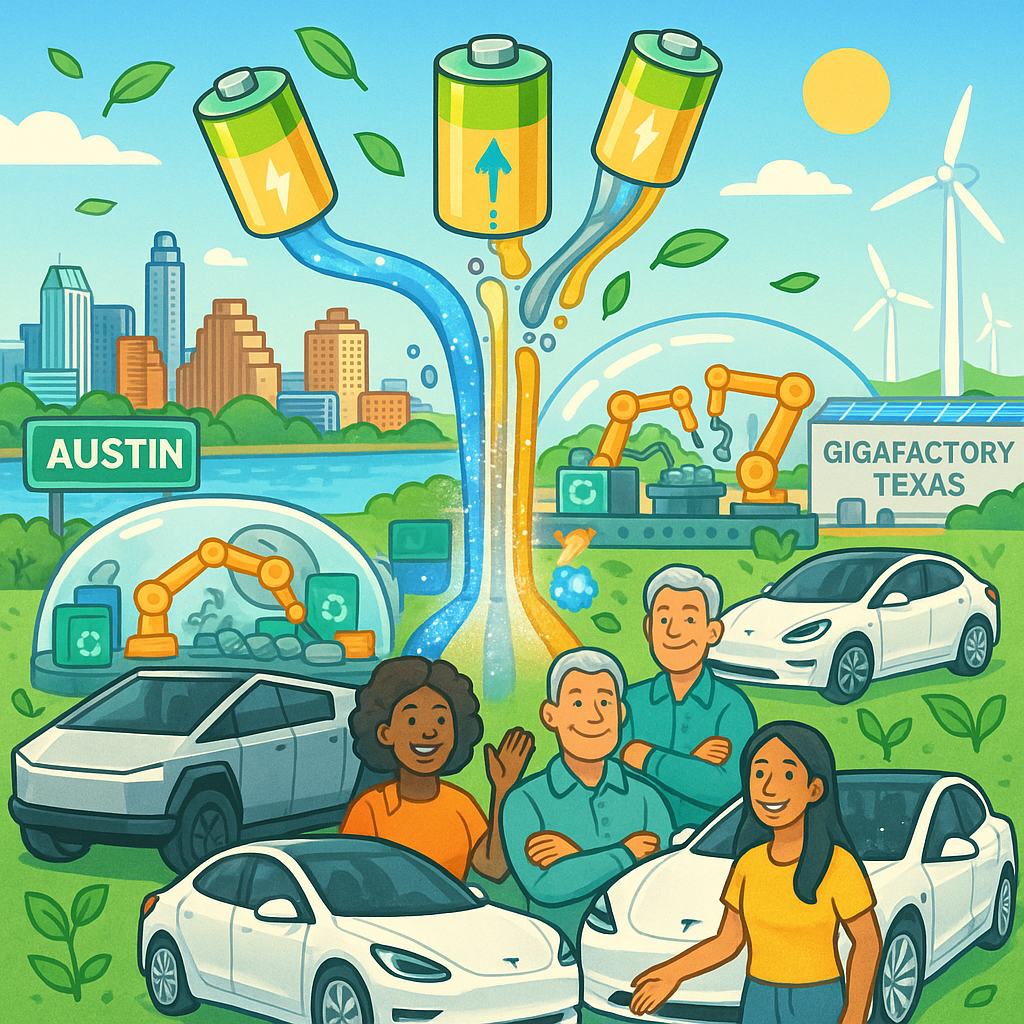 Cartoon illustration of diverse Austin Tesla owners with Model Y, Model 3, and Cybertruck in front of the Austin skyline, with glowing battery packs recycled into new cells and Gigafactory Texas visible in the background
