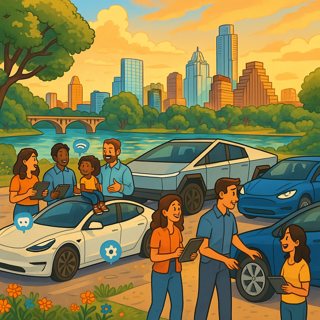 Cartoon illustration of diverse Tesla owners discussing their vehicles in front of the Austin Texas skyline with Model 3s, Model Ys, and Cybertrucks parked nearby