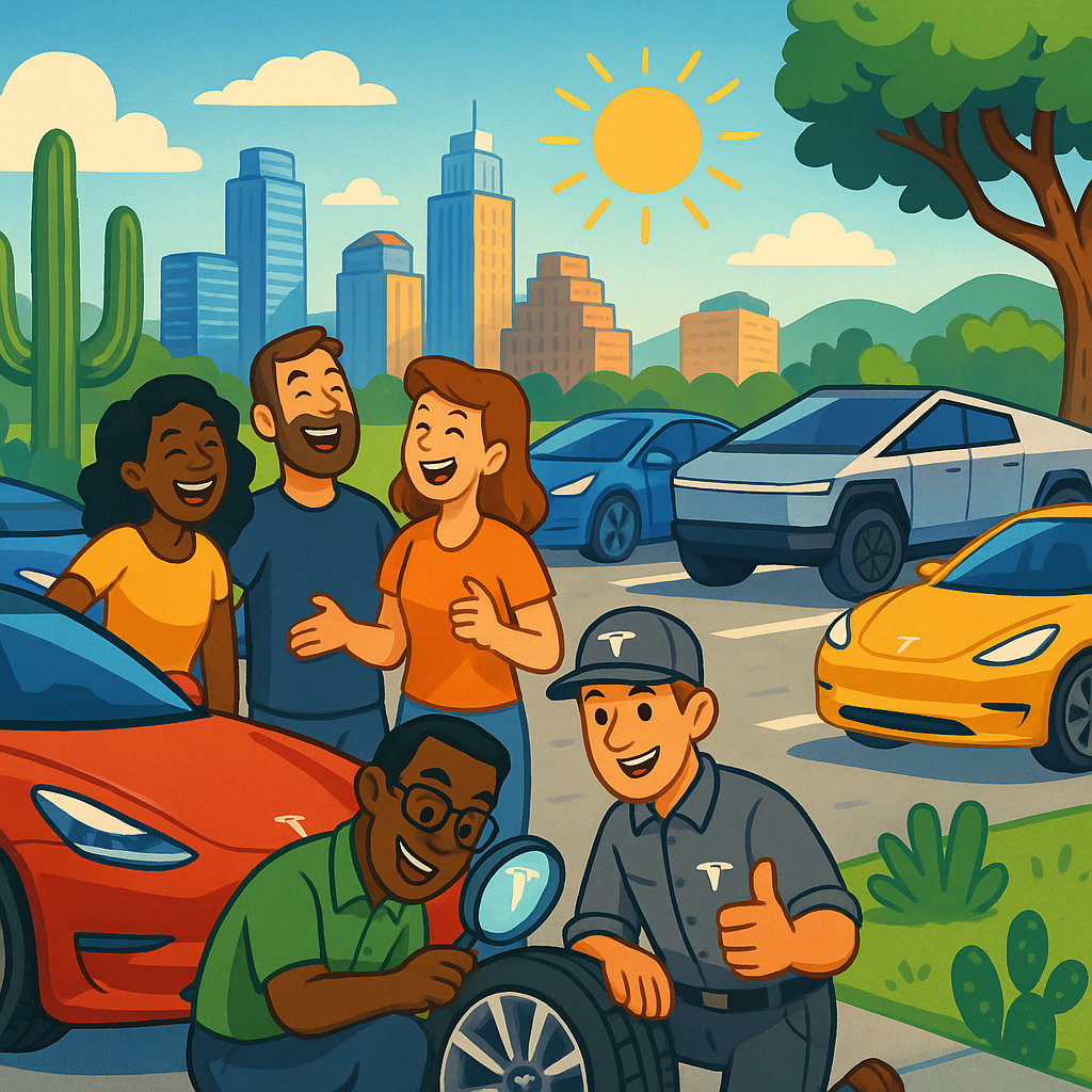 Cartoon illustration of diverse Tesla owners inspecting wheels and tires on Model Y and Cybertruck vehicles against a sunny Austin Texas skyline backdrop