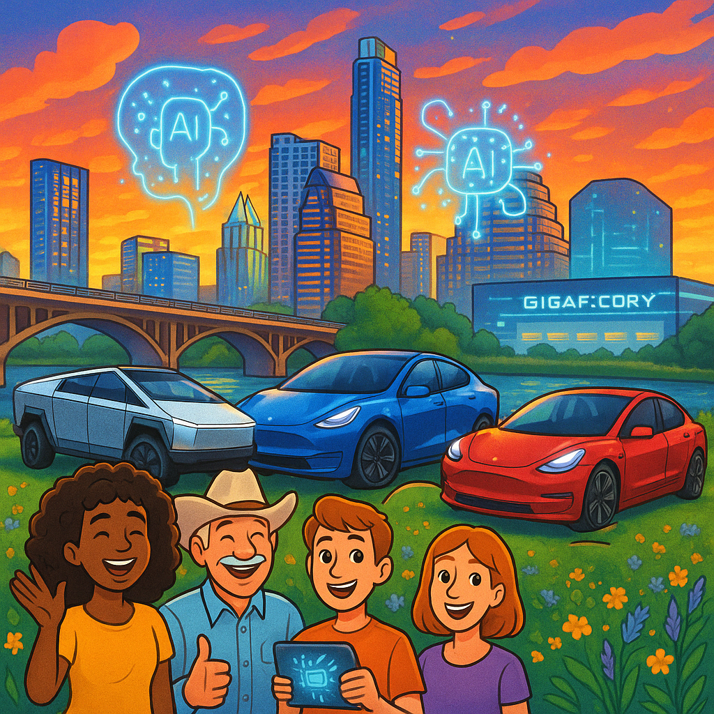 Cartoon illustration of diverse Tesla owners gathered around a Cybertruck and Model Y in front of the Austin Texas skyline with futuristic AI technology imagery floating overhead