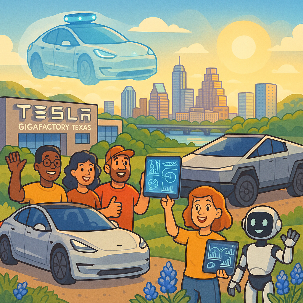Cartoon illustration of diverse Tesla owners gathered near Gigafactory Texas with Model Y, Model 3, and Cybertruck vehicles, futuristic Robotaxi and Optimus robot, Austin skyline in background