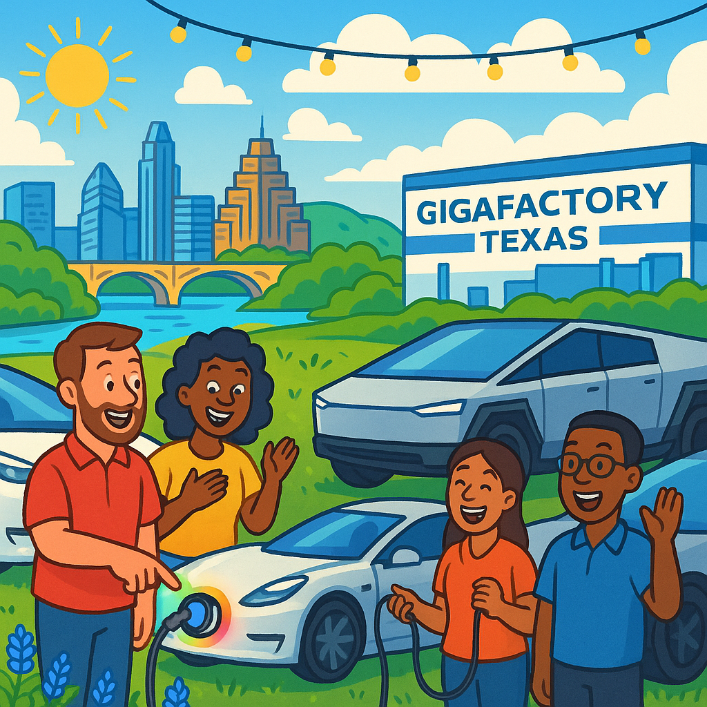 Cartoon illustration of diverse Tesla owners gathered around a Model Y with a glowing rainbow charge port near the Austin Texas skyline and Gigafactory Texas