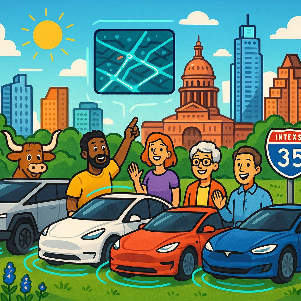 Cartoon illustration of diverse Tesla owners with Model Y, Model 3, and Cybertruck vehicles in front of the Austin Texas skyline with holographic FSD sensor technology glowing around the cars