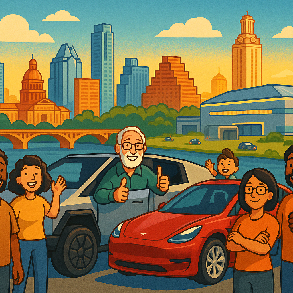 Cartoon illustration of diverse Tesla owners with Model Y, Model 3, and Cybertruck vehicles in front of the Austin, Texas skyline and a futuristic Gigafactory Texas in the background
