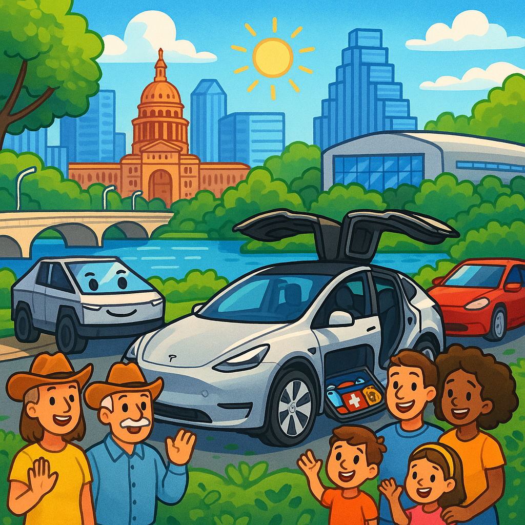 Cartoon illustration of diverse Tesla Model Y owners in Austin Texas discovering a colorful underseat storage tray, with the Texas State Capitol and Gigafactory Texas visible in the background