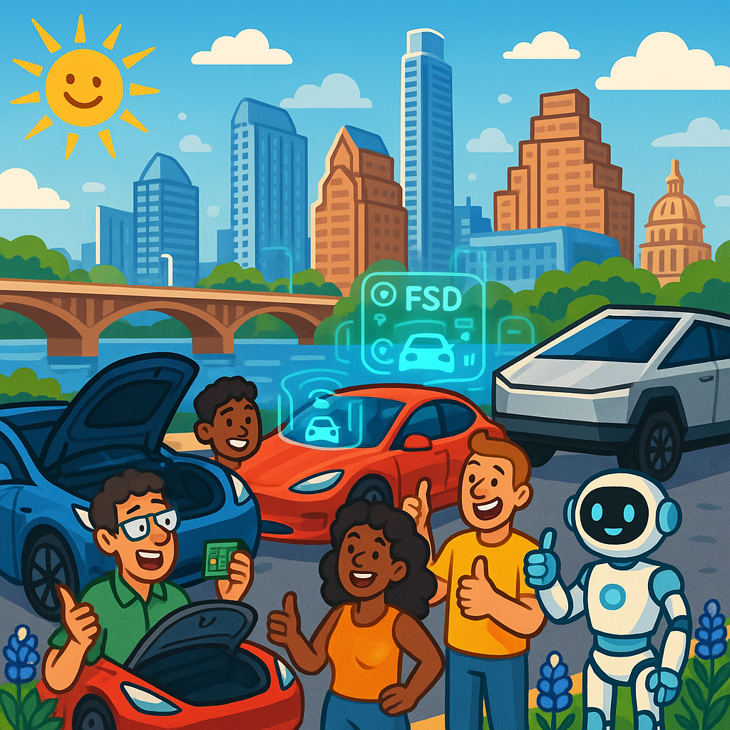 Cartoon illustration of diverse Tesla owners gathered around a Model Y, Model 3, and Cybertruck near the Austin Texas skyline, with one owner proudly showing a hardware component near an open frunk while holographic FSD graphics float above the vehicles