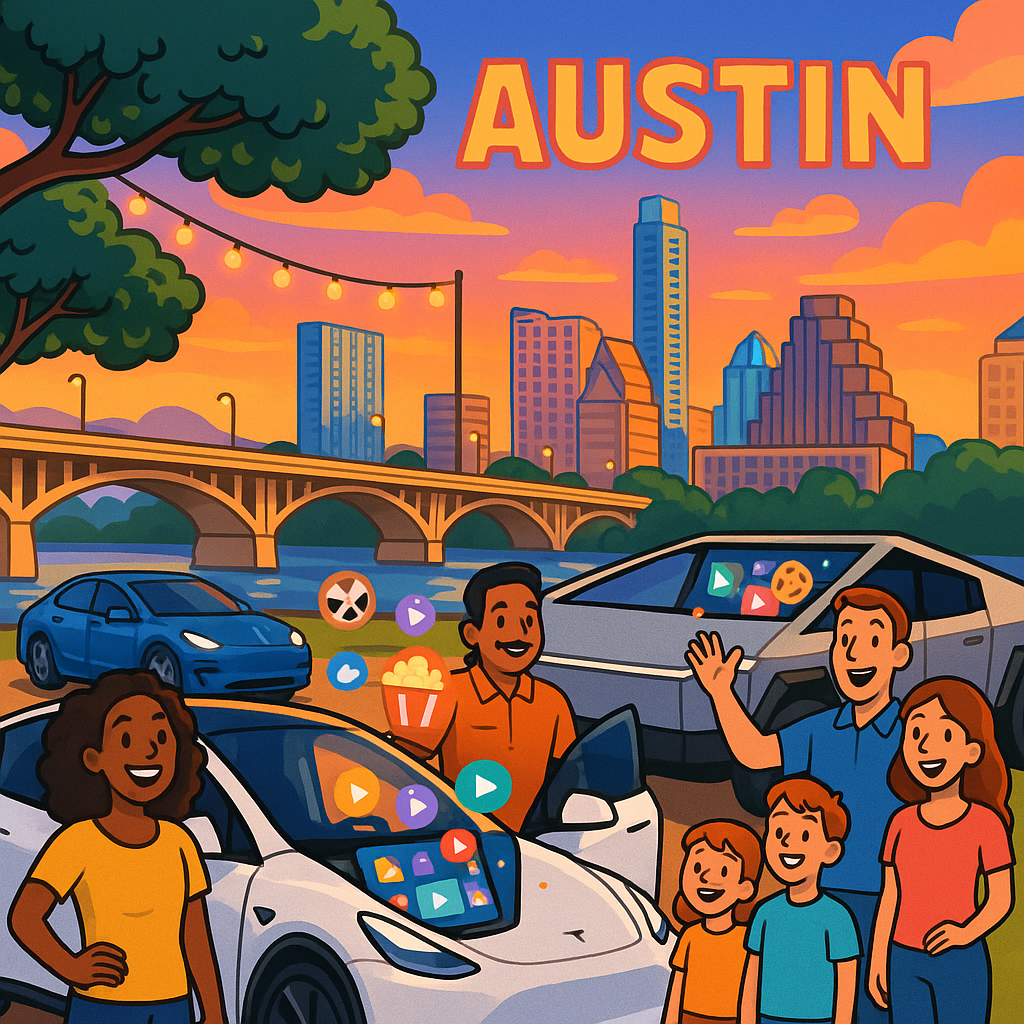 Cartoon illustration of diverse Tesla owners watching streaming content on their cars' touchscreens near the Austin Texas skyline at sunset