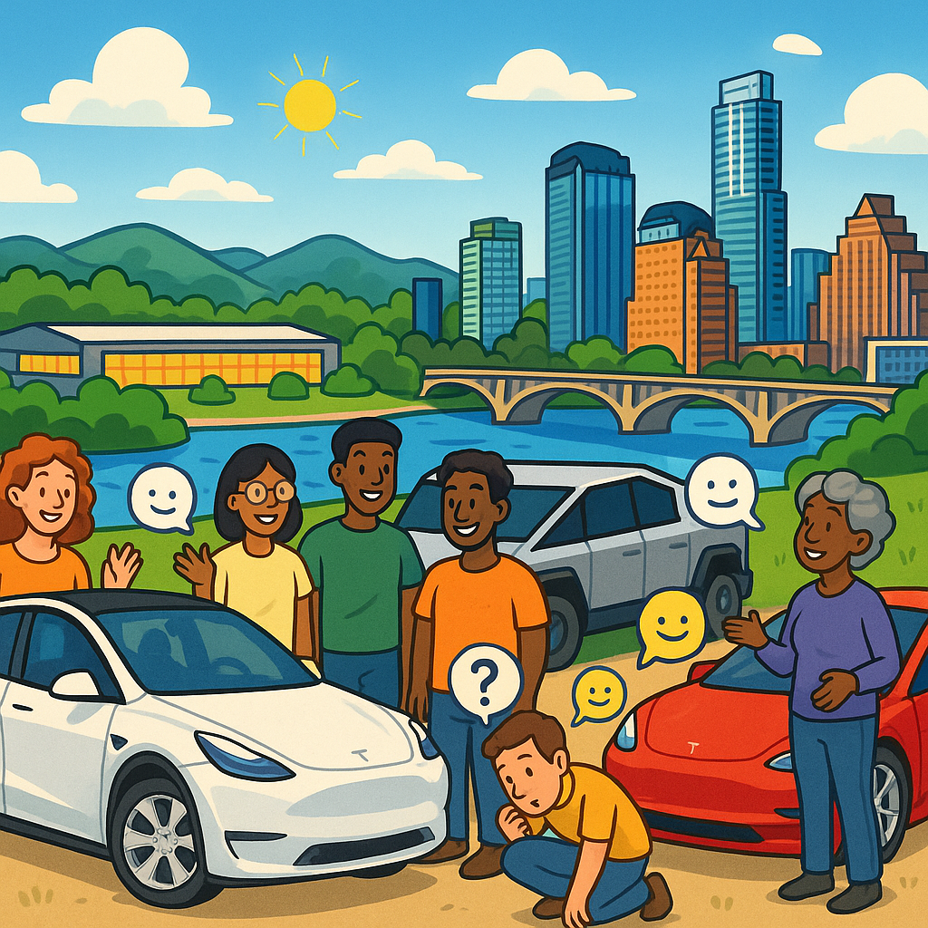 Cartoon illustration of diverse Tesla owners inspecting a three-row Model Y near an Austin Texas skyline with Gigafactory Texas visible in the background
