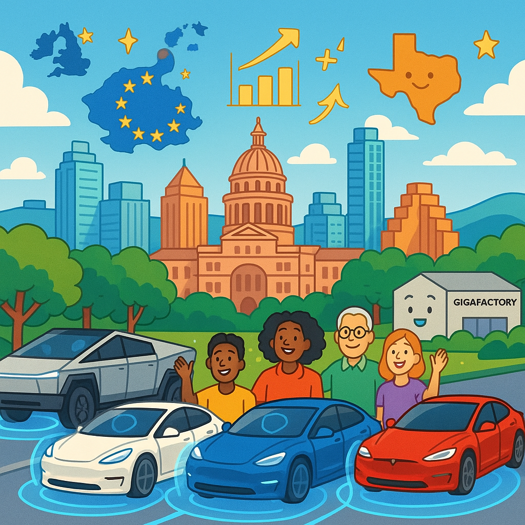 Cartoon illustration of diverse Tesla owners standing beside Model Y, Model 3, Cybertruck, and Model S vehicles in front of the Austin Texas skyline with holographic autonomous driving graphics in the air