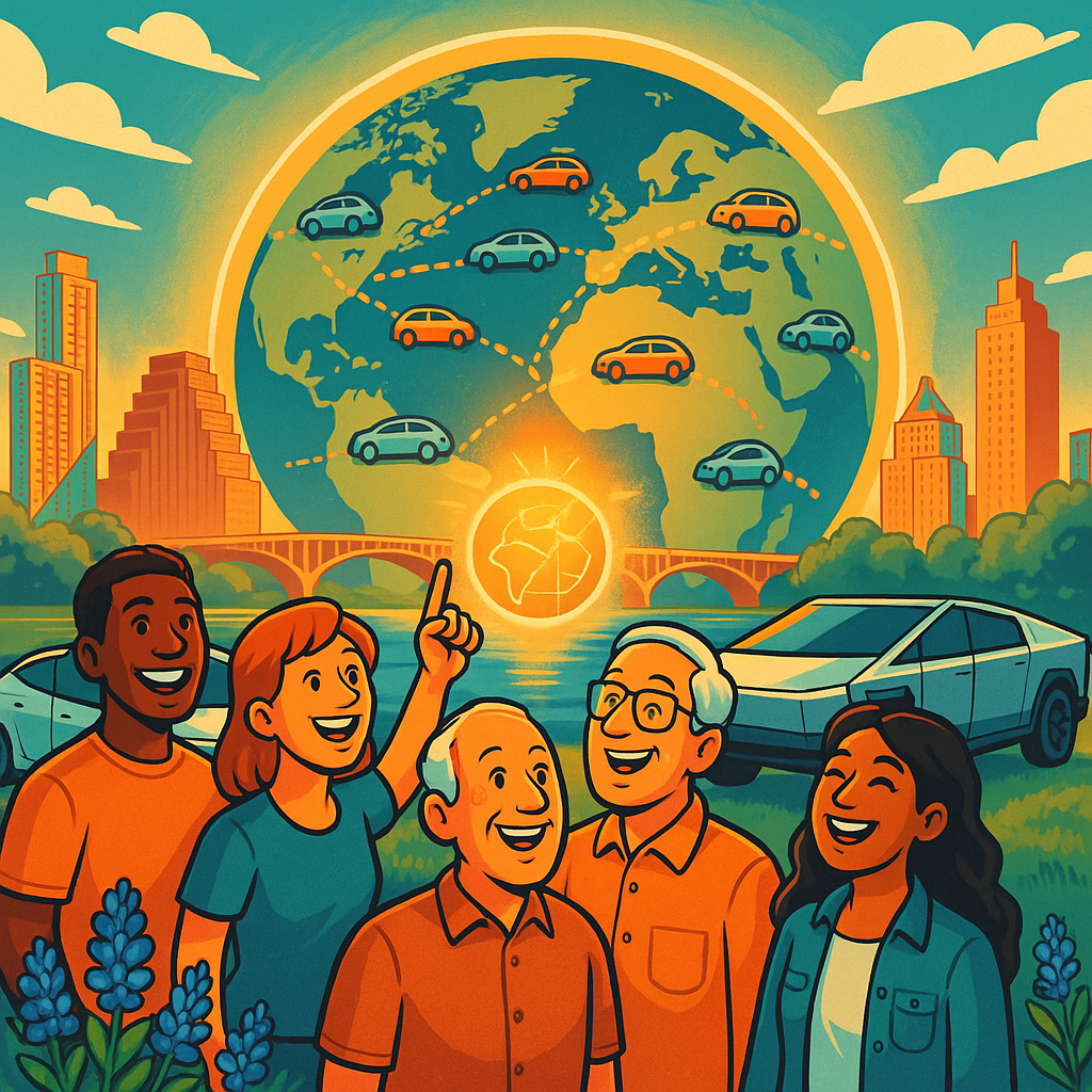 Cartoon illustration of diverse Tesla owners with Model Y, Model 3, and Cybertruck in front of the Austin Texas skyline with a holographic world map showing global EV trade routes