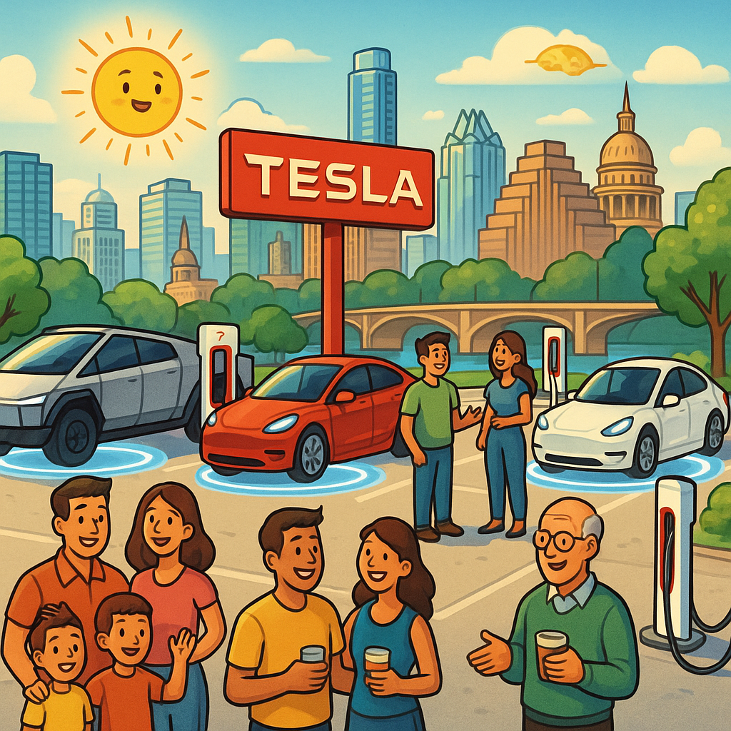 Cartoon illustration of a futuristic Tesla wireless charging hub in Austin Texas with diverse Tesla owners and their Model Ys, Model 3s, and Cybertrucks charging in front of the Austin skyline