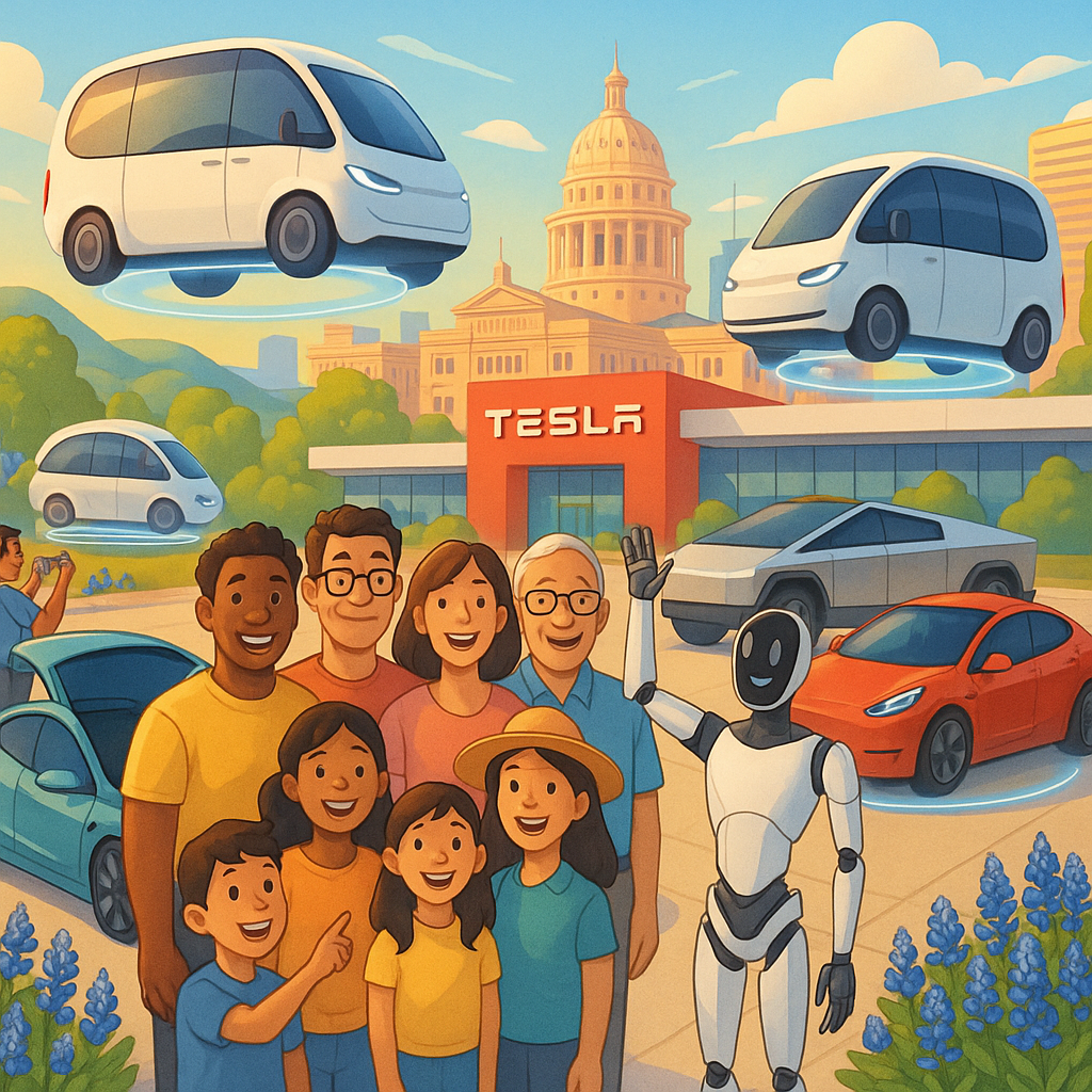Cartoon illustration of diverse Tesla owners gathered with Robovans, Optimus robots, Cybertrucks, and Model Ys in a futuristic Austin Texas community setting