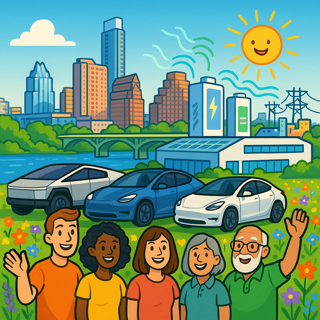 Cartoon illustration of diverse Tesla owners with Cybertrucks and Model Ys gathered near a futuristic Texas battery factory with the Austin skyline in the background