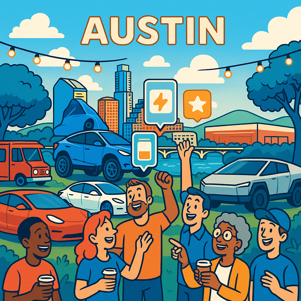 Cartoon illustration of diverse Tesla owners celebrating together near Model 3s, Model Ys, and a Cybertruck against the Austin Texas skyline with Gigafactory Texas visible in the distance