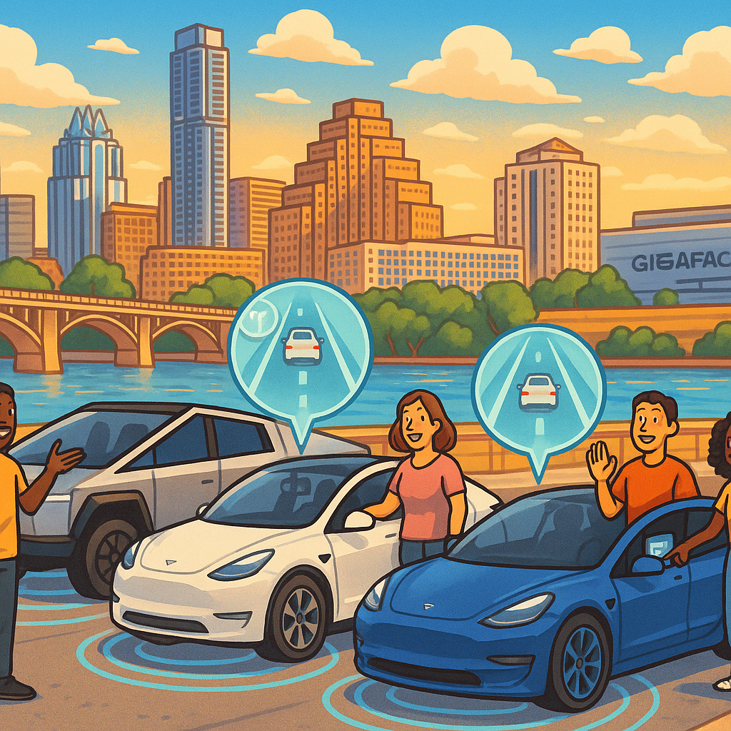Cartoon illustration of diverse Tesla owners with Model Y, Model 3, and Cybertruck vehicles in front of the Austin Texas skyline with holographic FSD sensor rings glowing around the cars