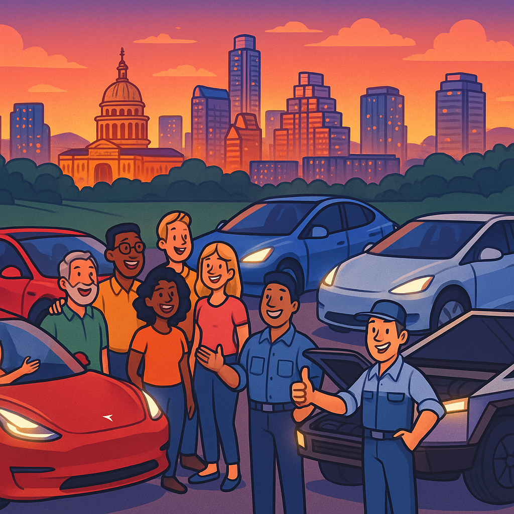 Cartoon illustration of diverse Tesla Model 3, Model Y, and Cybertruck owners gathered near the Austin Texas skyline at sunset, with glowing headlights and a friendly community atmosphere
