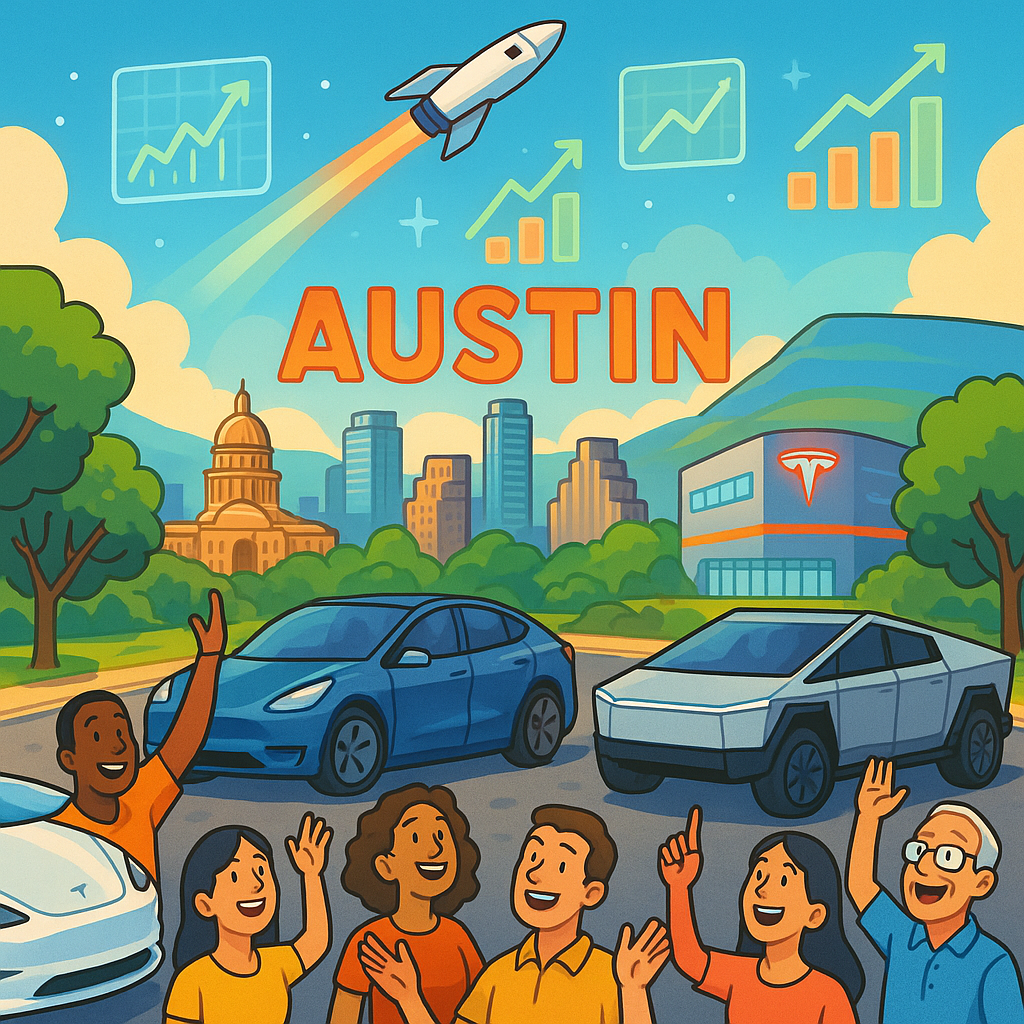 Cartoon illustration of diverse Tesla owners with Model Y, Model 3, and Cybertruck vehicles gathered under an Austin Texas skyline while a SpaceX-style rocket soars overhead with holographic earnings charts floating in the air