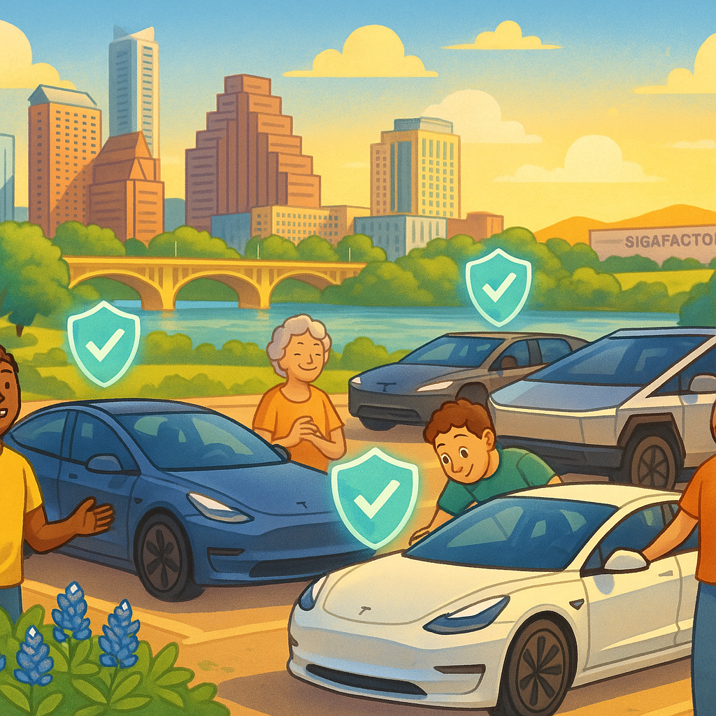 Cartoon illustration of diverse Tesla owners gathered around Model Y, Model 3, and Cybertruck vehicles in Austin Texas with the Capitol building and Gigafactory Texas visible in the background