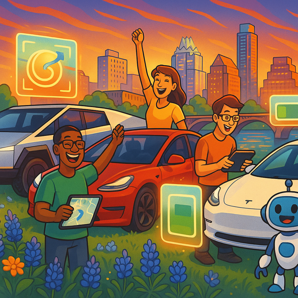 Cartoon illustration of diverse Tesla owners with their Model Y, Model 3, and Cybertruck vehicles near the Austin, Texas skyline, surrounded by glowing software update icons and futuristic touchscreen interfaces in a warm community setting