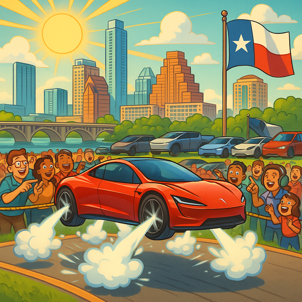 Cartoon illustration of a futuristic Tesla Roadster hovering above the ground with cold gas thrusters firing while a diverse crowd of excited Tesla fans watches from a distance against an Austin Texas skyline