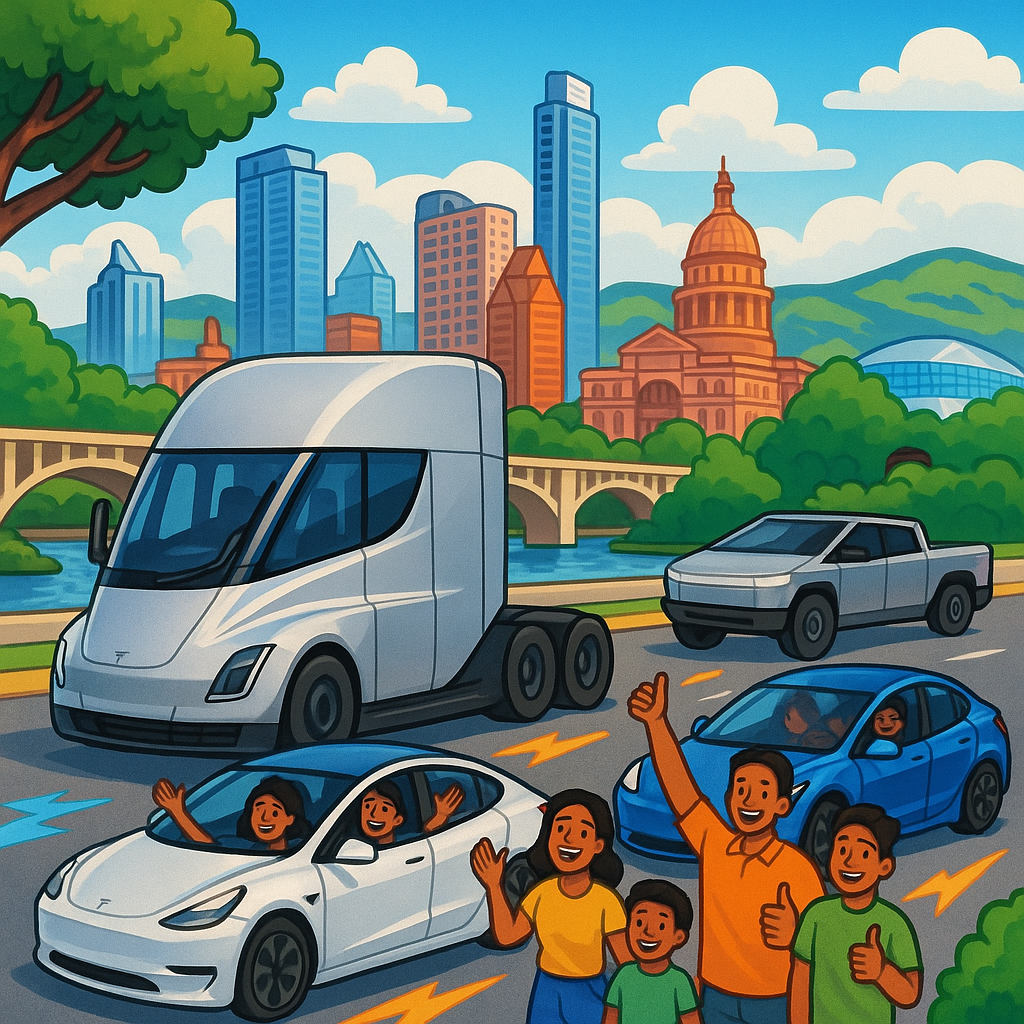 Cartoon illustration of a Tesla Semi truck driving past the Austin Texas skyline surrounded by cheerful Tesla owners and their vehicles in a vibrant community setting