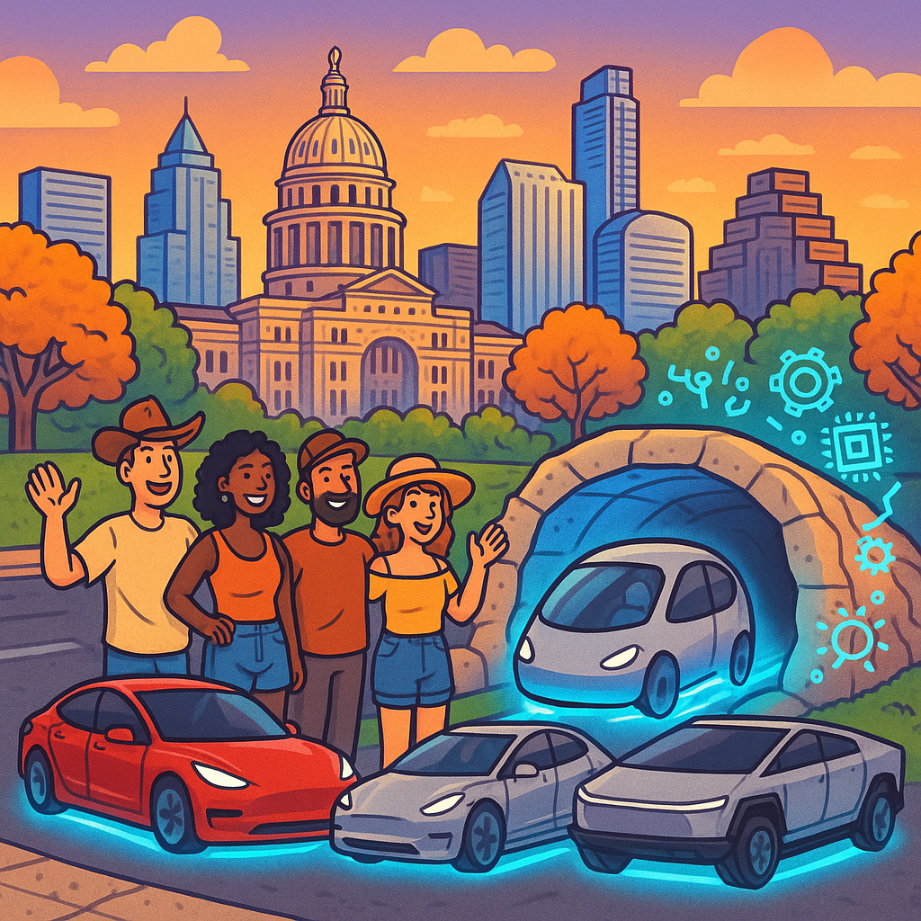 Cartoon illustration of Austin Tesla owners gathered around a futuristic Boring Company tunnel entrance with a driverless pod vehicle emerging alongside a Model 3, Model Y, and Cybertruck under an Austin sunset