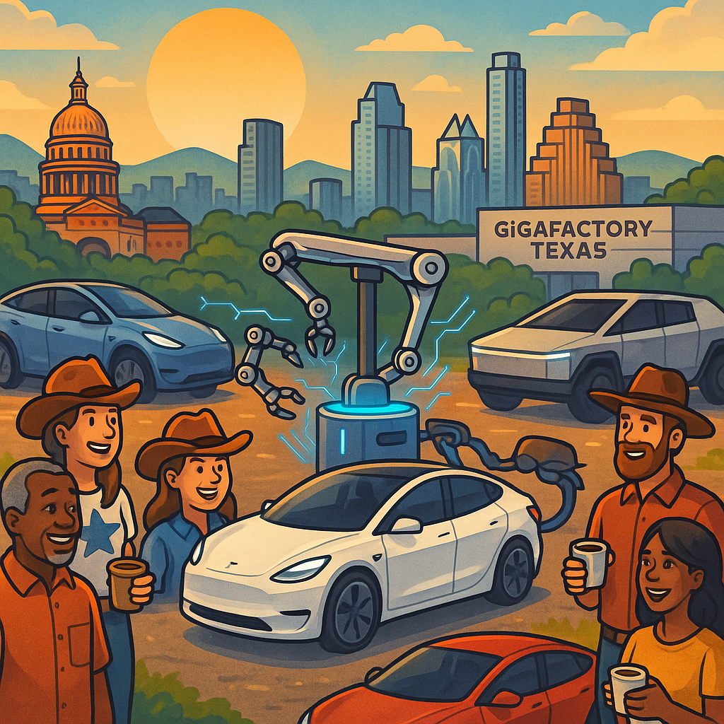 Cartoon illustration of diverse Tesla owners gathered near their vehicles in Austin Texas while an automated robotic charging arm connects to a Tesla robotaxi at a futuristic charging station with Gigafactory Texas visible in the background