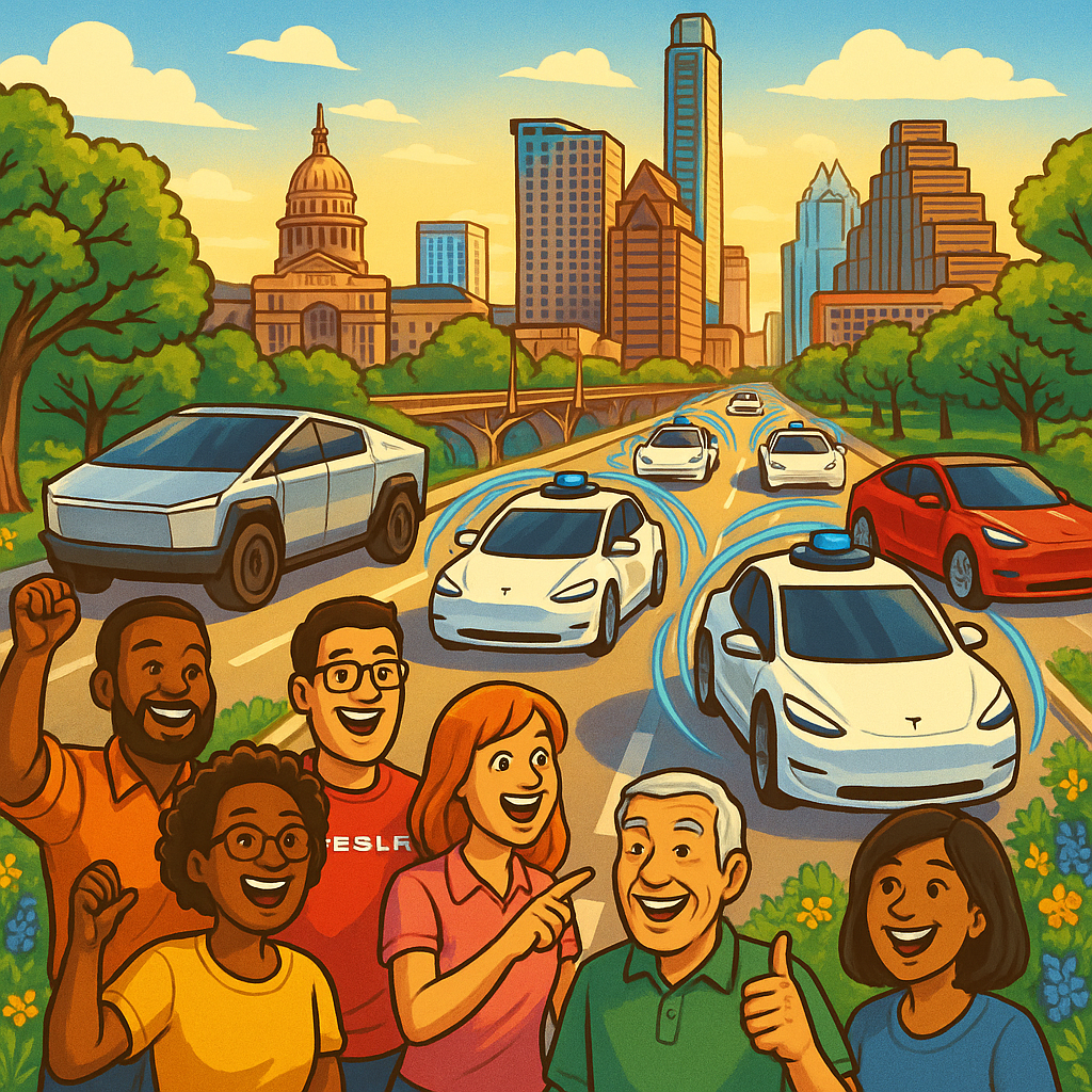 Cartoon illustration of diverse Tesla owners celebrating a growing robotaxi fleet in front of the Austin Texas skyline with a Cybertruck, Model Y, and Model 3 visible