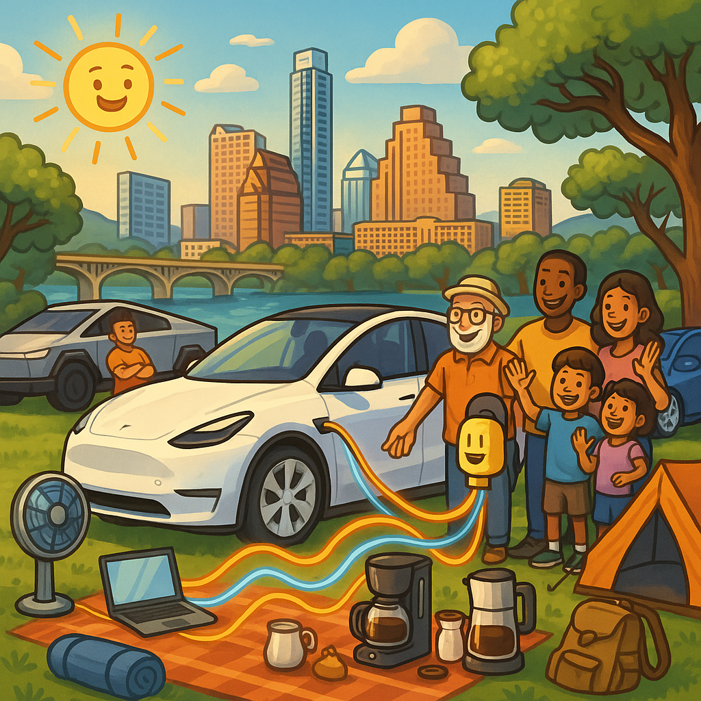 Cartoon illustration of diverse Tesla Model Y owners in Austin Texas using a vehicle-to-load outlet adapter to power outdoor devices while the city skyline glows in the background