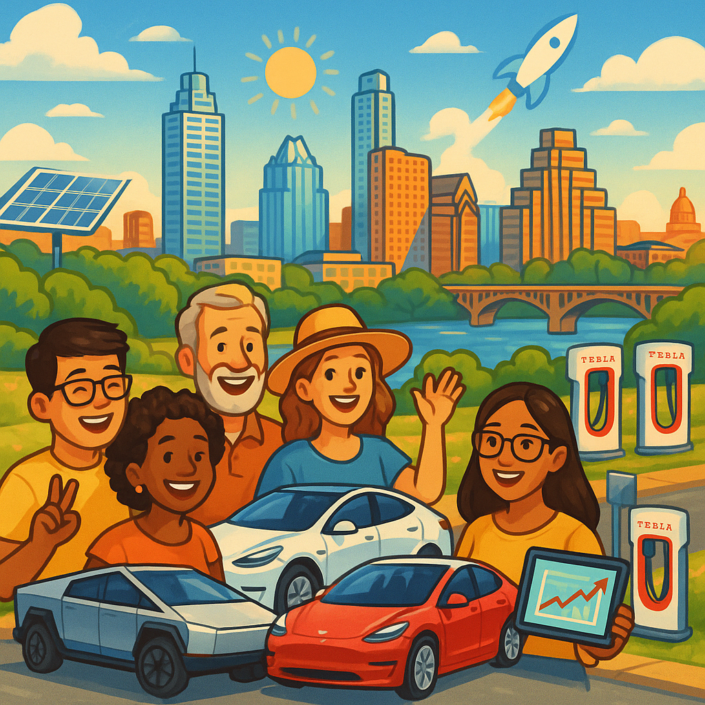 Cartoon illustration of diverse Tesla owners with Cybertrucks and Model Ys gathered near the Austin Texas skyline with a rocket in the sky above