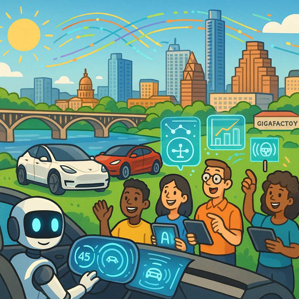 Cartoon illustration of diverse Tesla owners discussing FSD technology near their vehicles with the Austin Texas skyline and Gigafactory Texas in the background