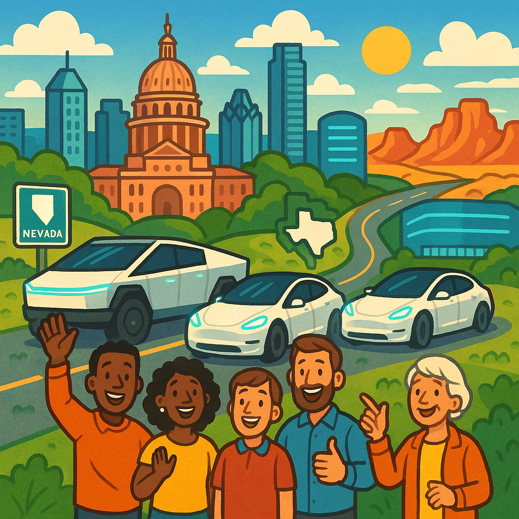 Cartoon illustration of diverse Tesla owners celebrating near autonomous Tesla vehicles with Austin Texas scenery and Nevada desert elements in the background