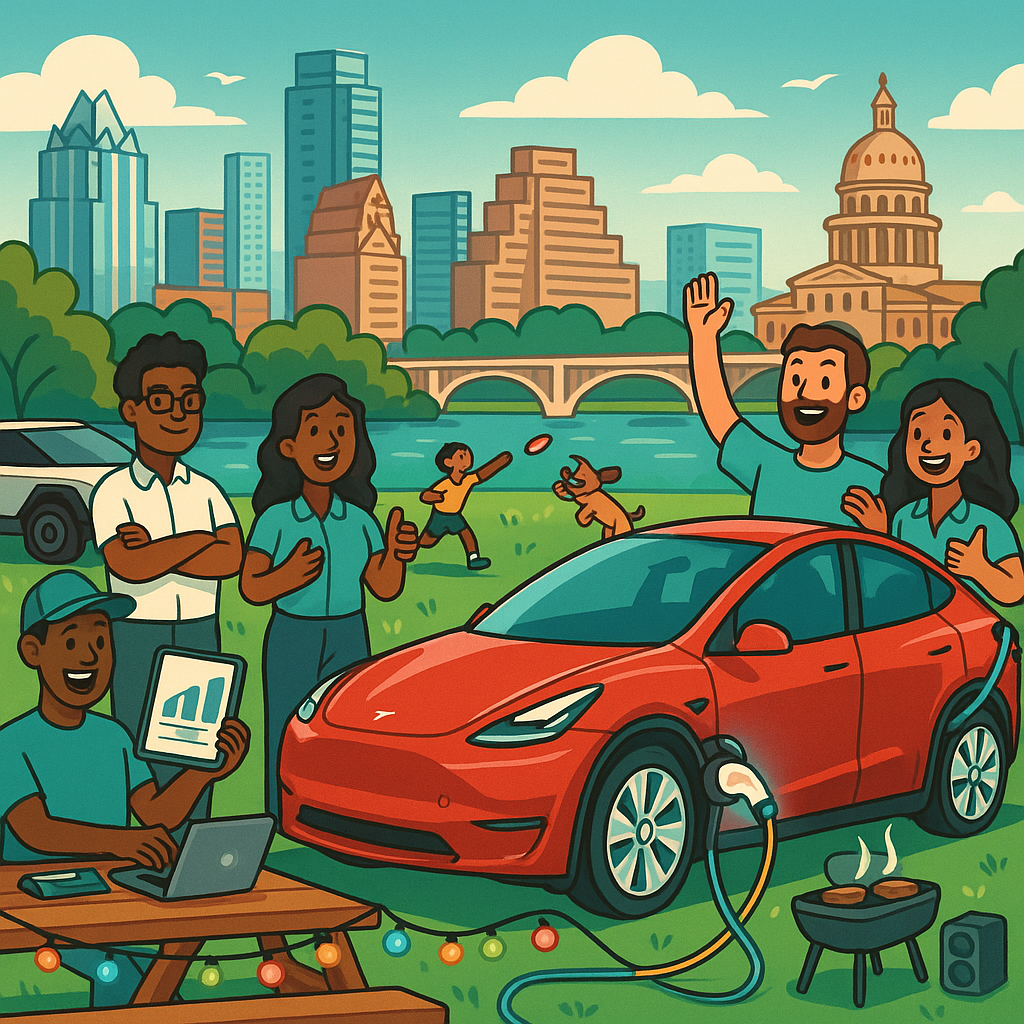 Cartoon illustration of diverse Tesla owners using a Model Y V2L adapter to power devices at an outdoor Austin community gathering near the Texas Capitol